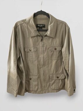 Eddie Bauer tan utility jacket barn, chore zipper, pockets size XXL